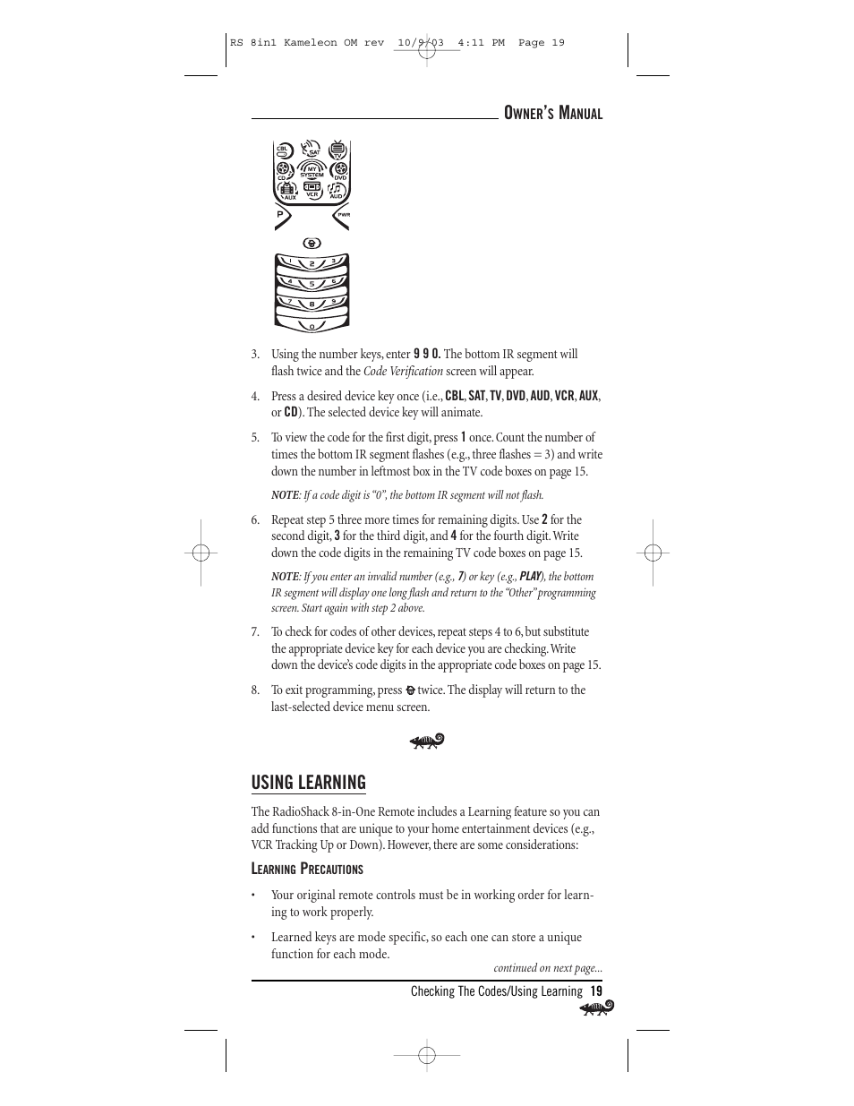 Using learning | Radio Shack Univer 15-2138 User Manual | Page 19 / 132
