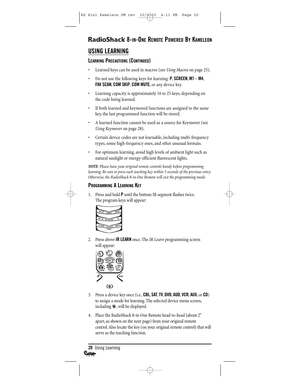 Using learning | Radio Shack Univer 15-2138 User Manual | Page 20 / 132