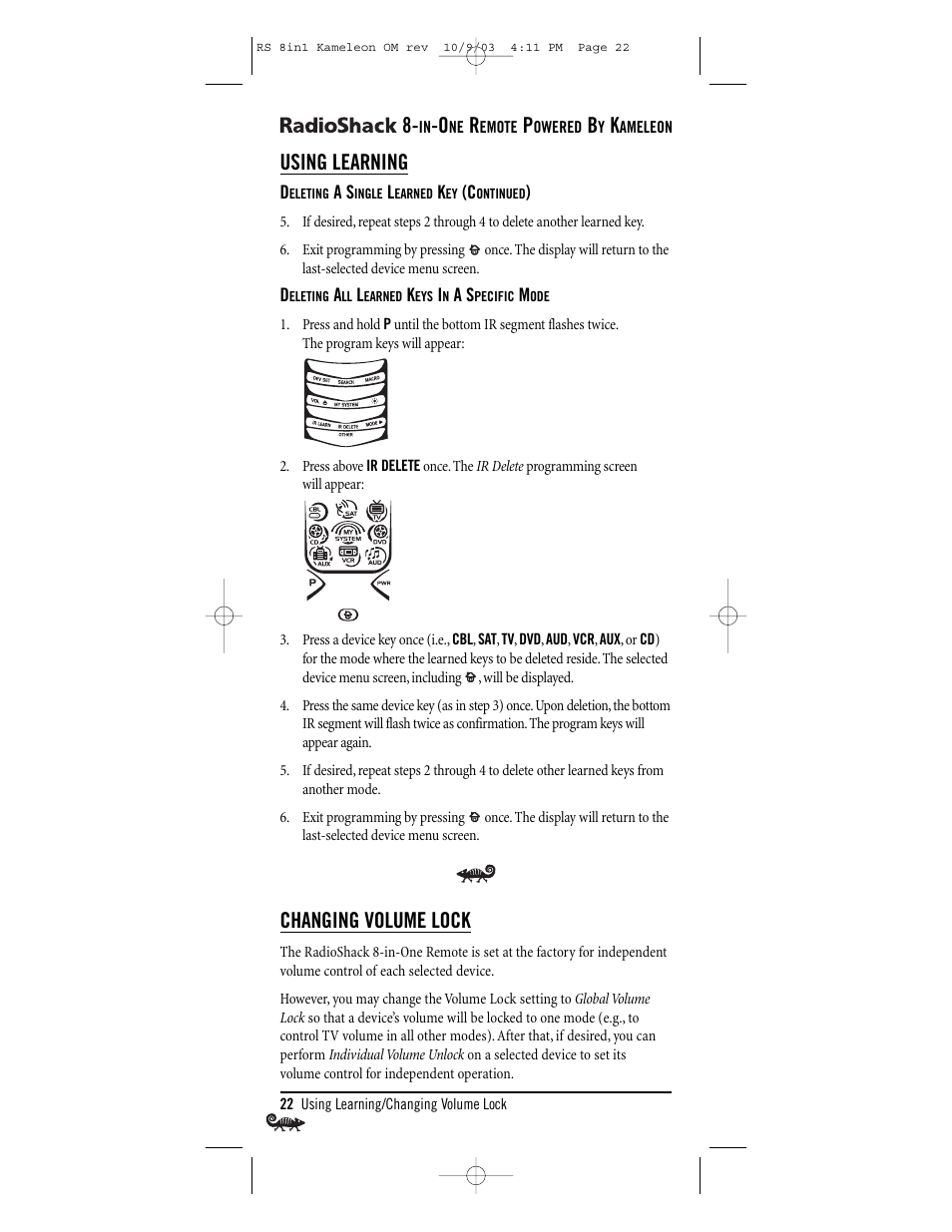 Using learning, Changing volume lock | Radio Shack Univer 15-2138 User Manual | Page 22 / 132