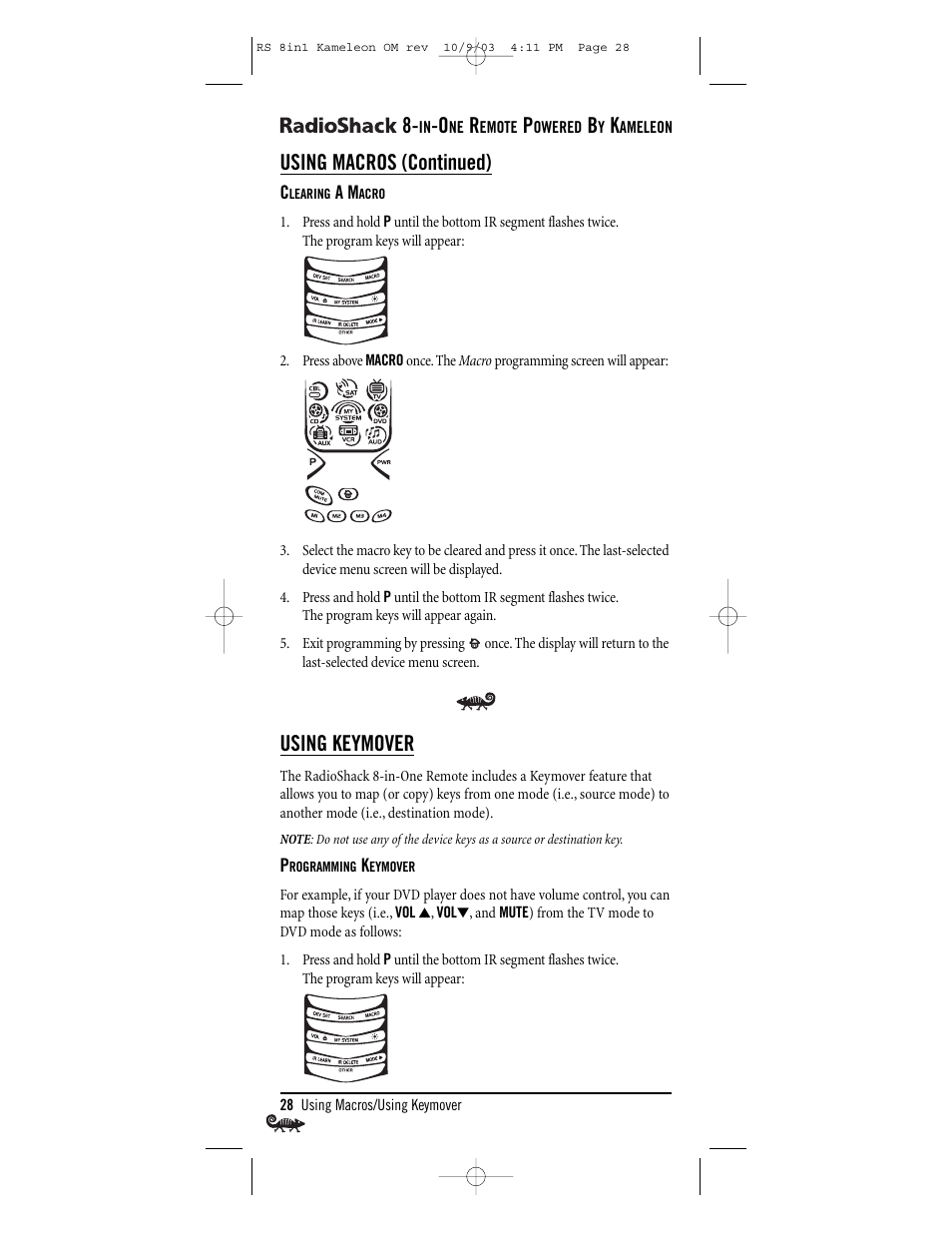 Using macros (continued), Using keymover | Radio Shack Univer 15-2138 User Manual | Page 28 / 132