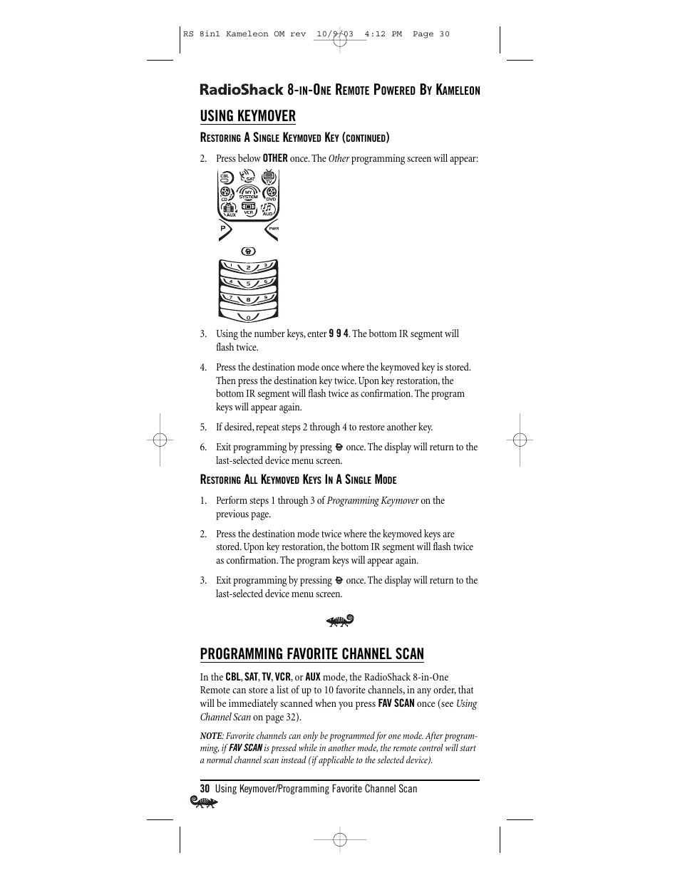 Using keymover, Programming favorite channel scan | Radio Shack Univer 15-2138 User Manual | Page 30 / 132