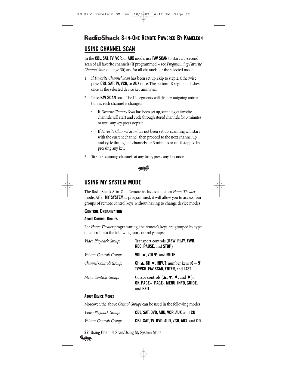 Using channel scan, Using my system mode | Radio Shack Univer 15-2138 User Manual | Page 32 / 132
