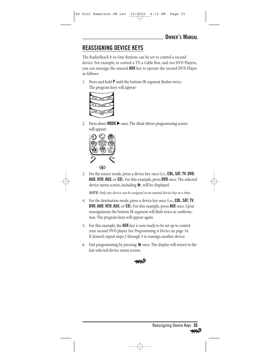 Reassigning device keys | Radio Shack Univer 15-2138 User Manual | Page 35 / 132