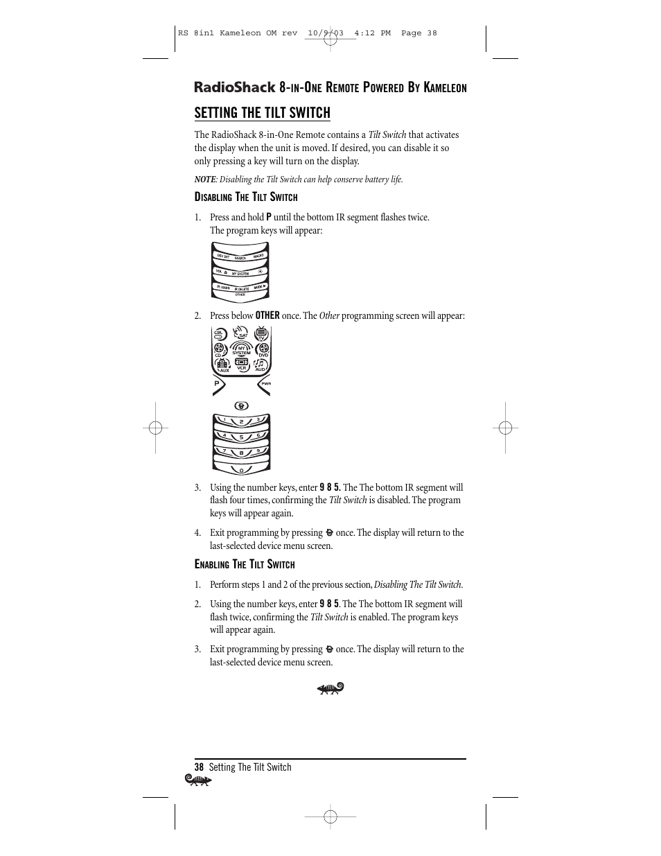 Setting the tilt switch | Radio Shack Univer 15-2138 User Manual | Page 38 / 132