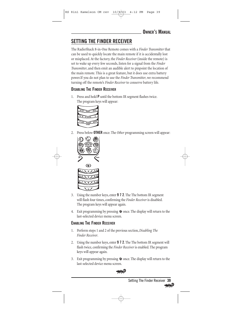 Setting the finder receiver | Radio Shack Univer 15-2138 User Manual | Page 39 / 132