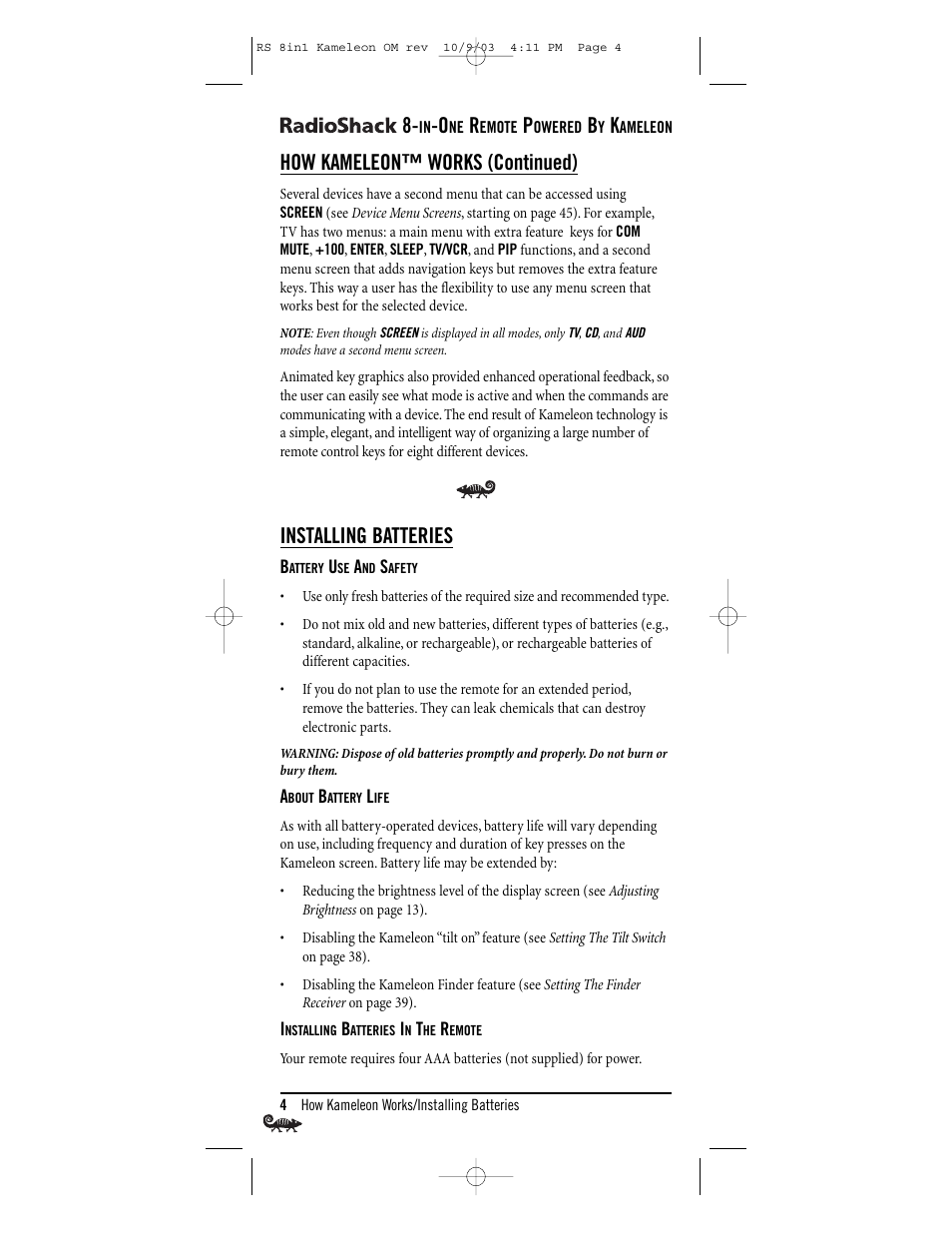 How kameleon™ works (continued), Installing batteries | Radio Shack Univer 15-2138 User Manual | Page 4 / 132