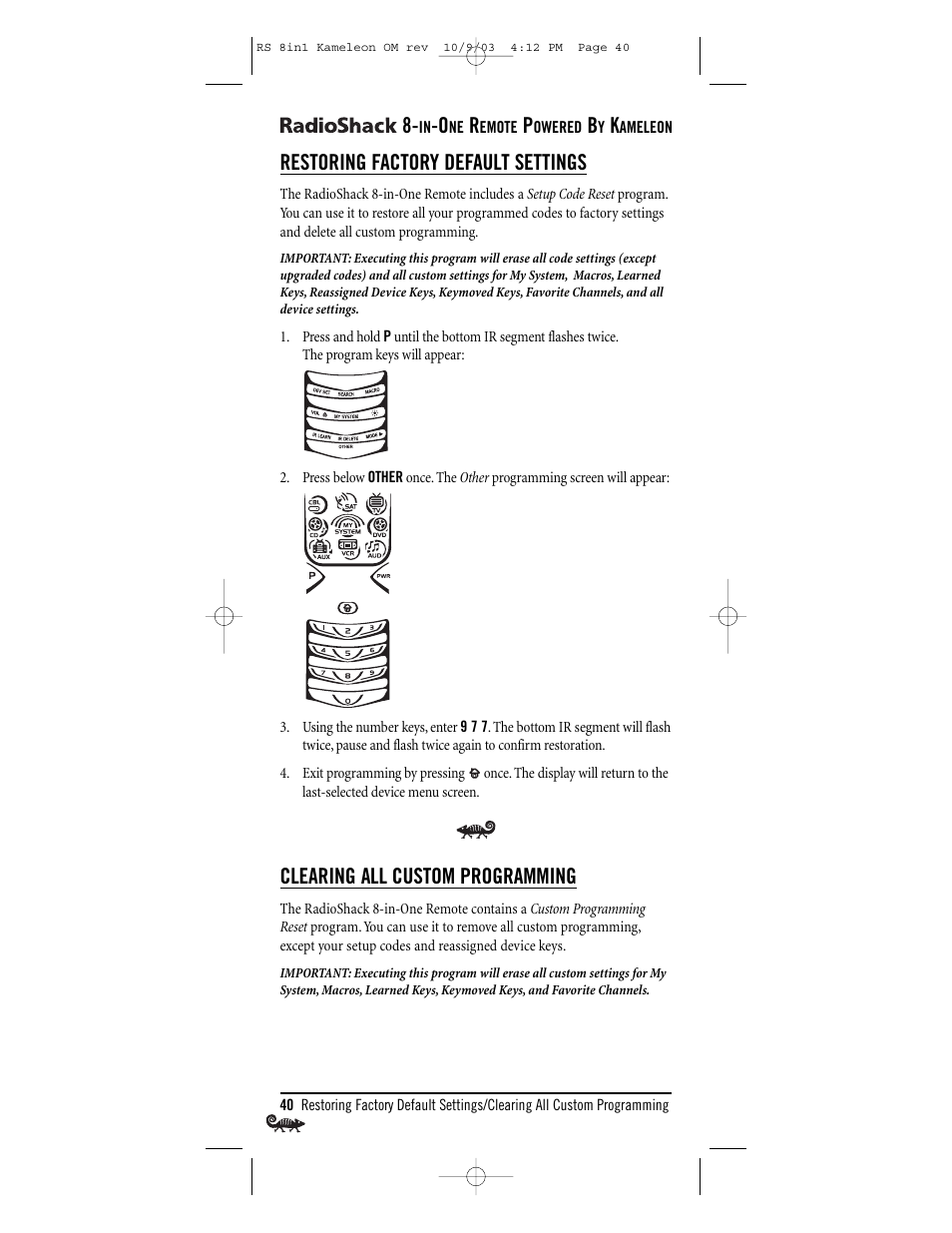 Restoring factory default settings, Clearing all custom programming | Radio Shack Univer 15-2138 User Manual | Page 40 / 132