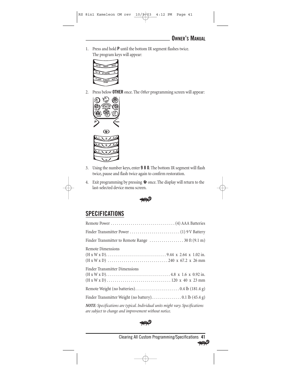 Specifications | Radio Shack Univer 15-2138 User Manual | Page 41 / 132