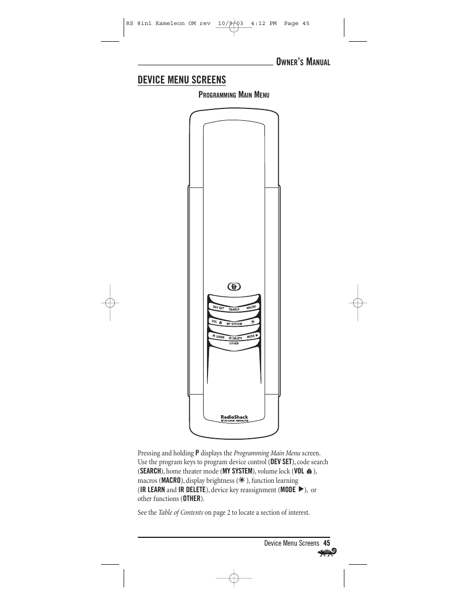 Device menu screens | Radio Shack Univer 15-2138 User Manual | Page 45 / 132