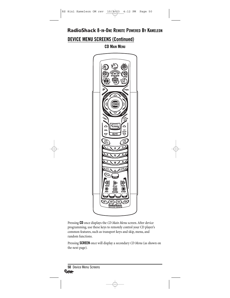 Device menu screens (continued) | Radio Shack Univer 15-2138 User Manual | Page 50 / 132