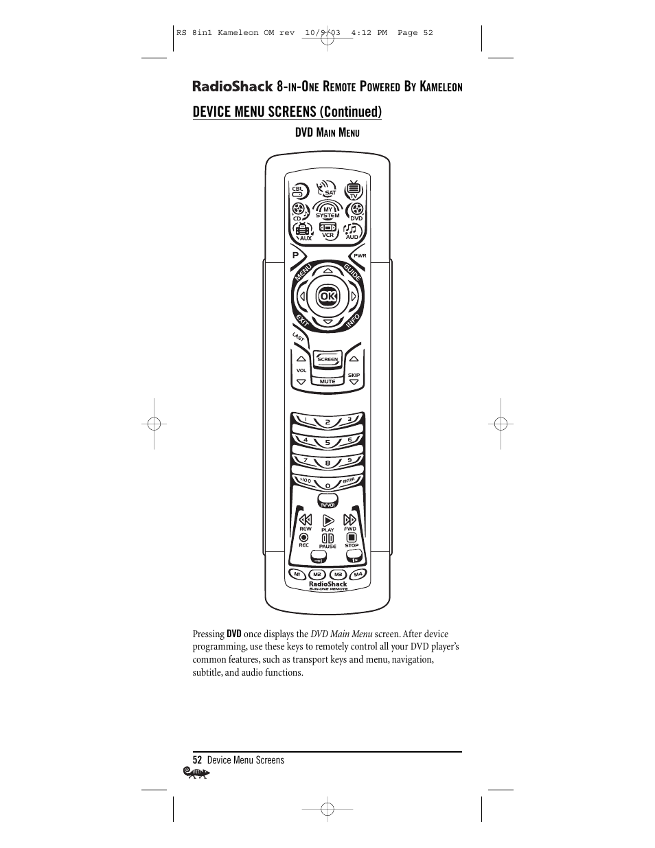 Device menu screens (continued) | Radio Shack Univer 15-2138 User Manual | Page 52 / 132