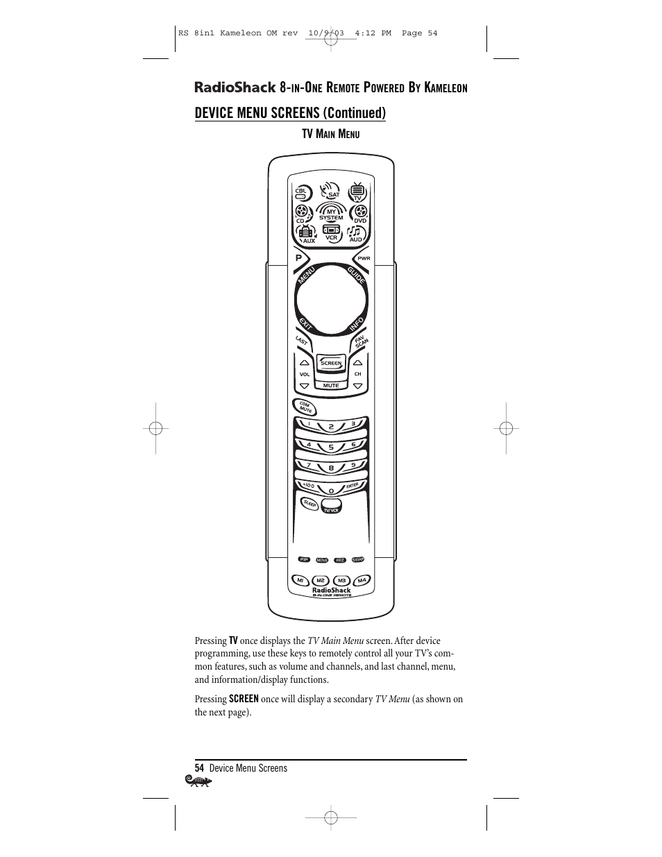 Device menu screens (continued) | Radio Shack Univer 15-2138 User Manual | Page 54 / 132