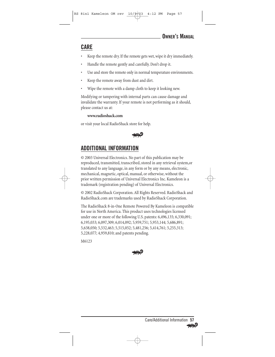 Care, Additional information | Radio Shack Univer 15-2138 User Manual | Page 57 / 132