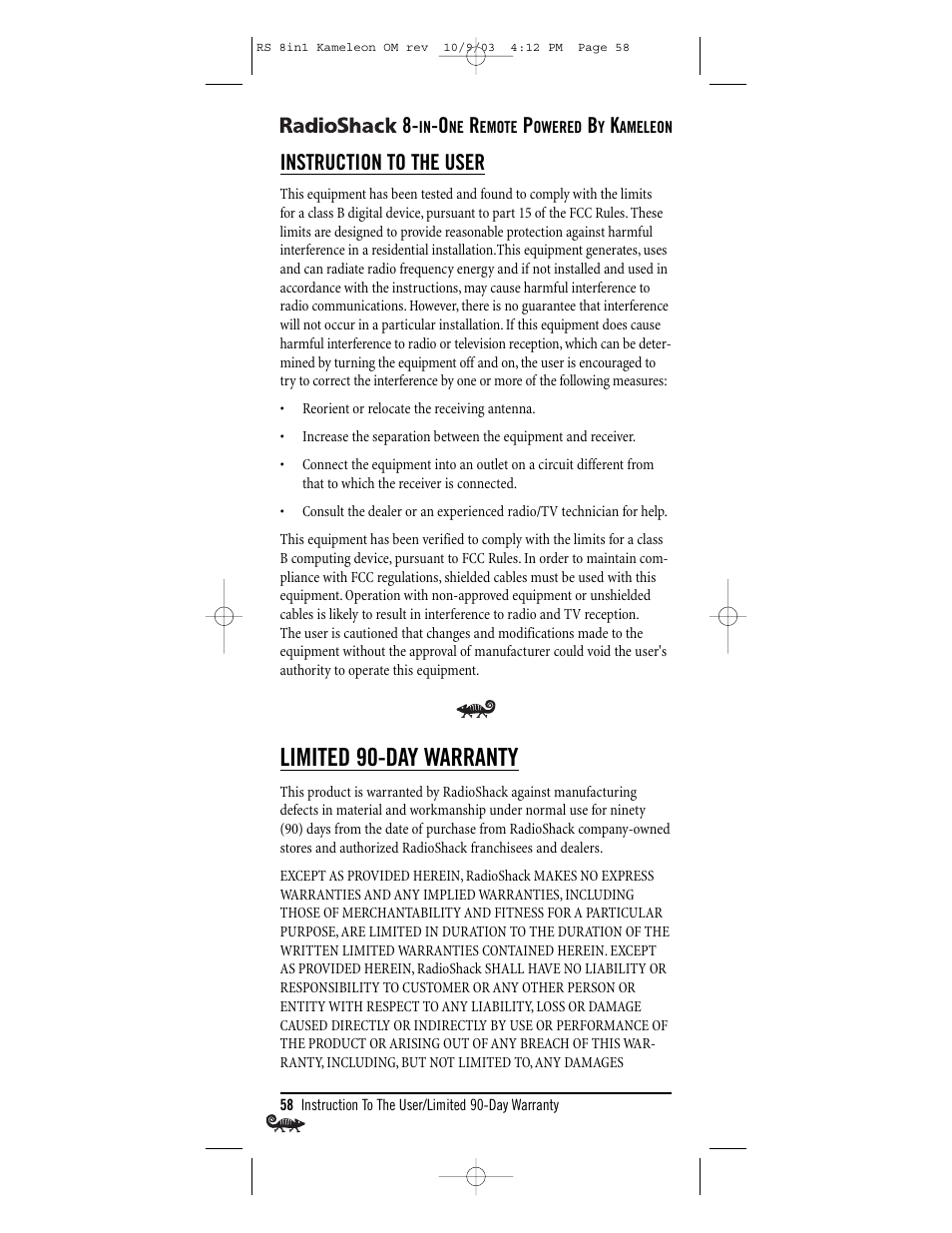 Limited 90-day warranty, Instruction to the user | Radio Shack Univer 15-2138 User Manual | Page 58 / 132