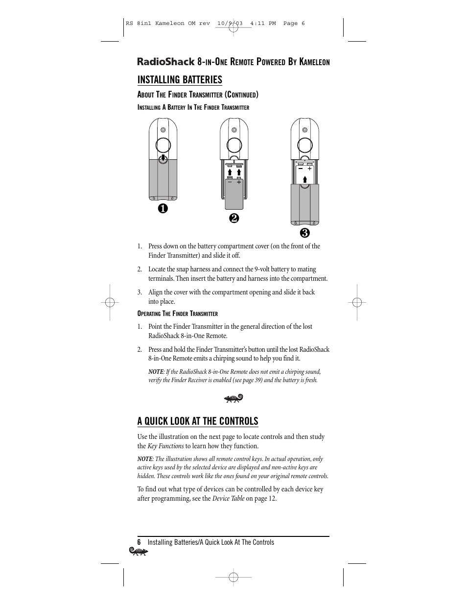 Installing batteries, A quick look at the controls | Radio Shack Univer 15-2138 User Manual | Page 6 / 132