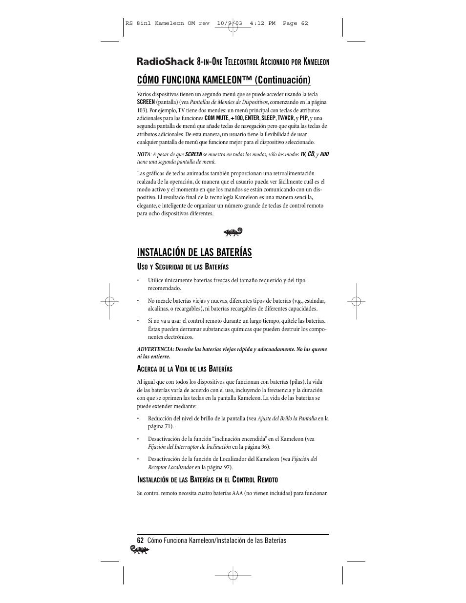 Cómo funciona kameleon™ (continuación), Instalación de las baterías | Radio Shack Univer 15-2138 User Manual | Page 62 / 132
