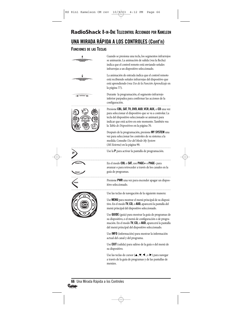 Una mirada rápida a los controles (cont’n) | Radio Shack Univer 15-2138 User Manual | Page 66 / 132