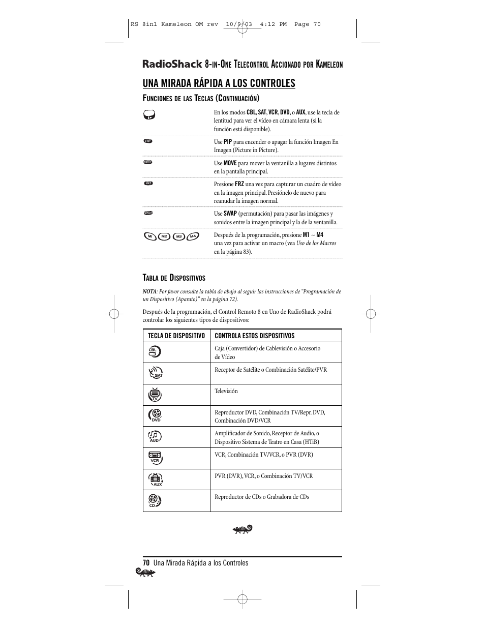 Una mirada rápida a los controles | Radio Shack Univer 15-2138 User Manual | Page 70 / 132