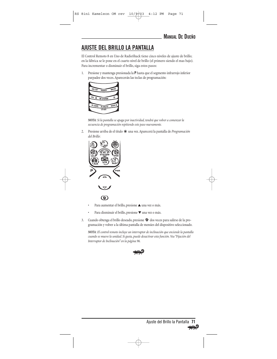 Ajuste del brillo la pantalla | Radio Shack Univer 15-2138 User Manual | Page 71 / 132