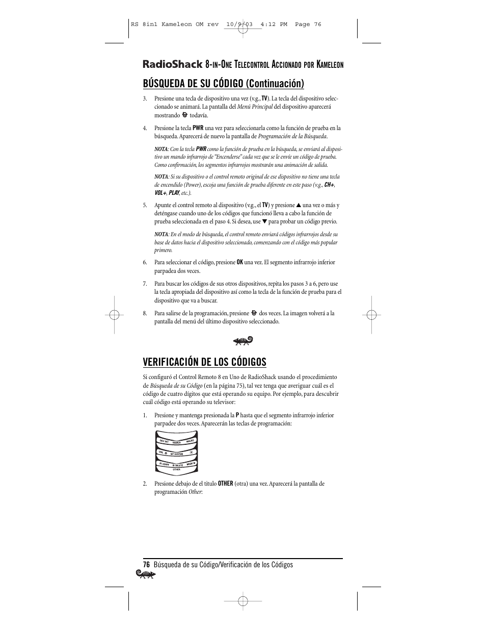 Búsqueda de su código (continuación), Verificación de los códigos | Radio Shack Univer 15-2138 User Manual | Page 76 / 132