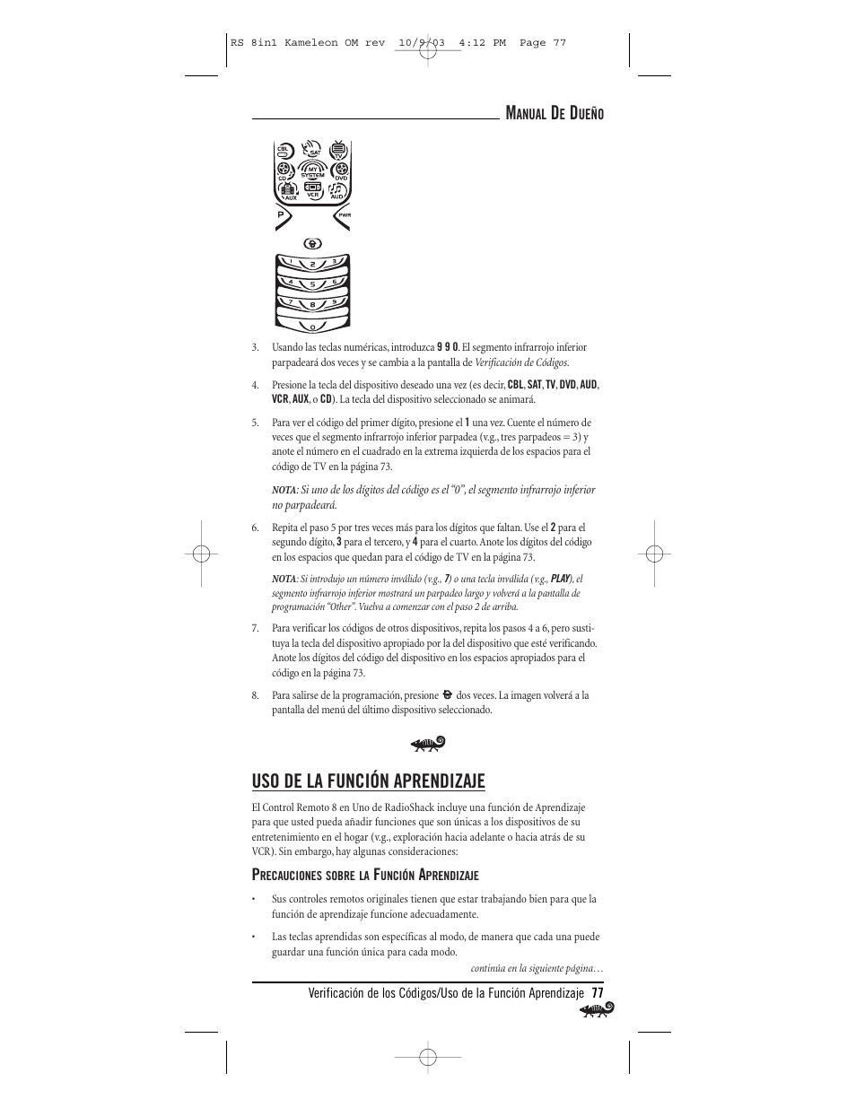 Uso de la función aprendizaje | Radio Shack Univer 15-2138 User Manual | Page 77 / 132