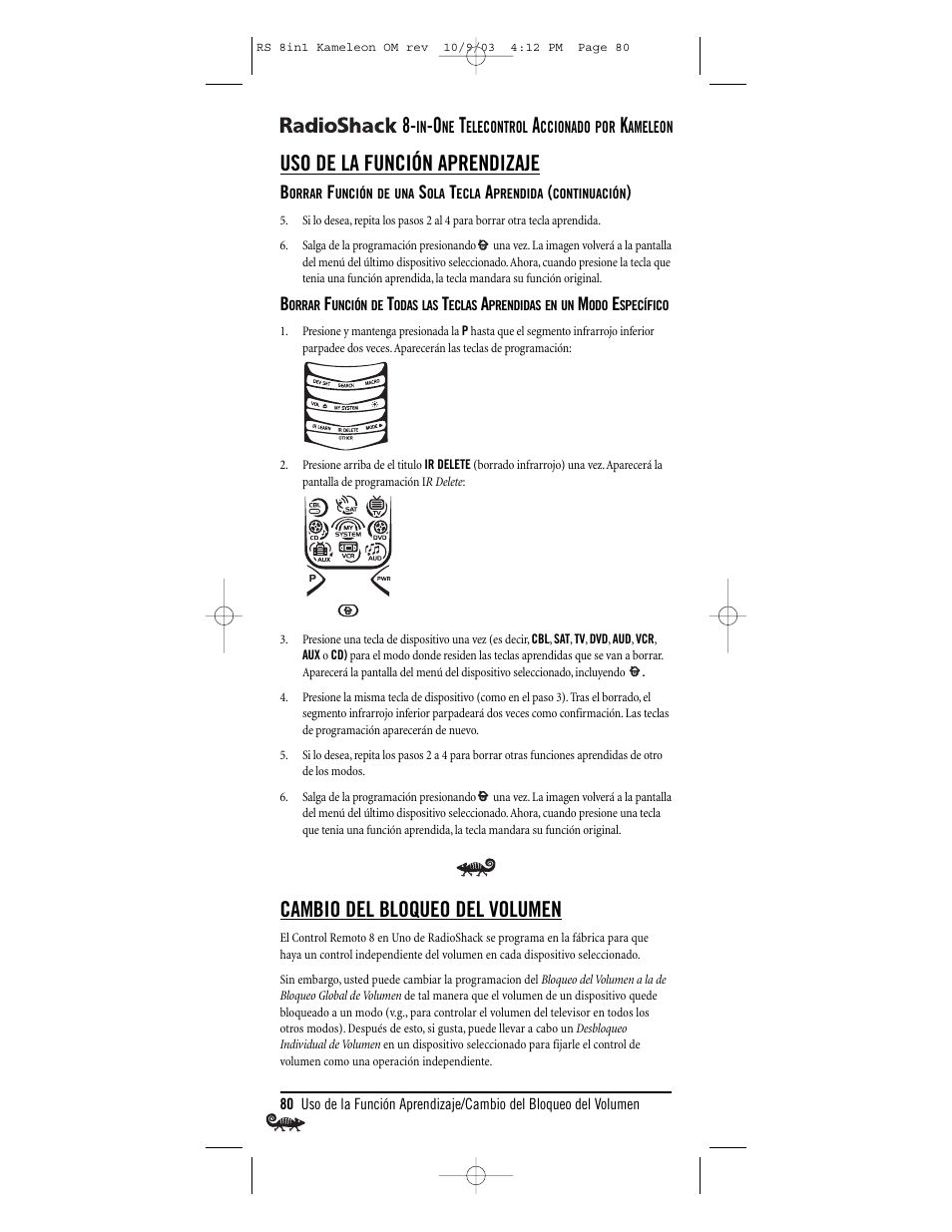 Uso de la función aprendizaje, Cambio del bloqueo del volumen | Radio Shack Univer 15-2138 User Manual | Page 80 / 132