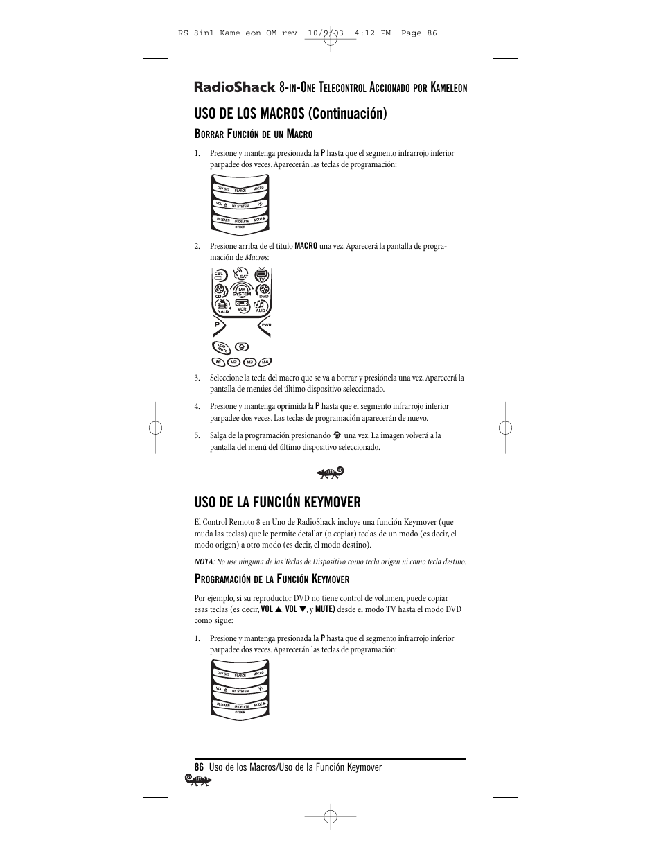 Uso de los macros (continuación), Uso de la función keymover | Radio Shack Univer 15-2138 User Manual | Page 86 / 132