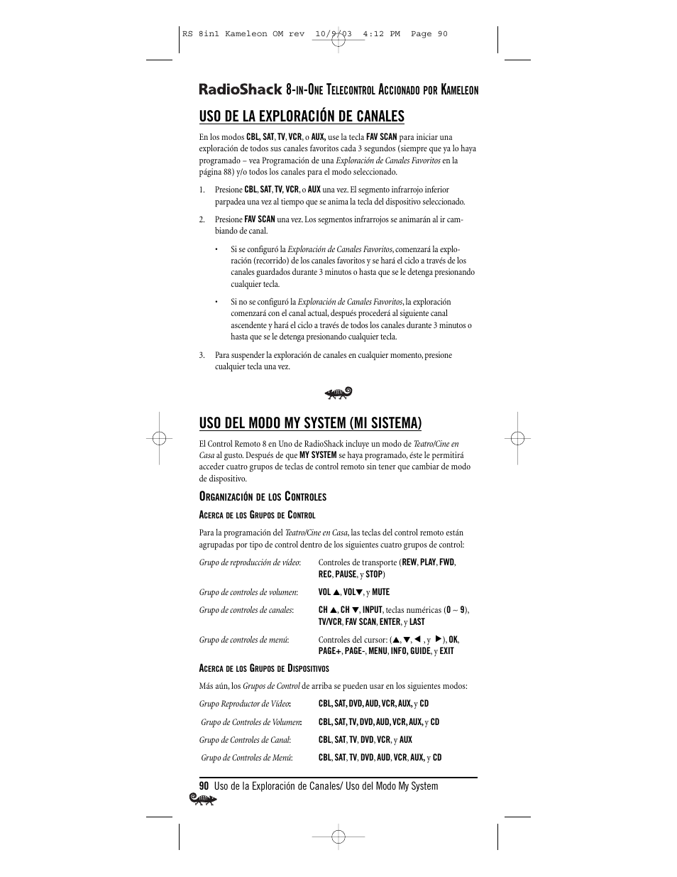 Uso de la exploración de canales, Uso del modo my system (mi sistema) | Radio Shack Univer 15-2138 User Manual | Page 90 / 132