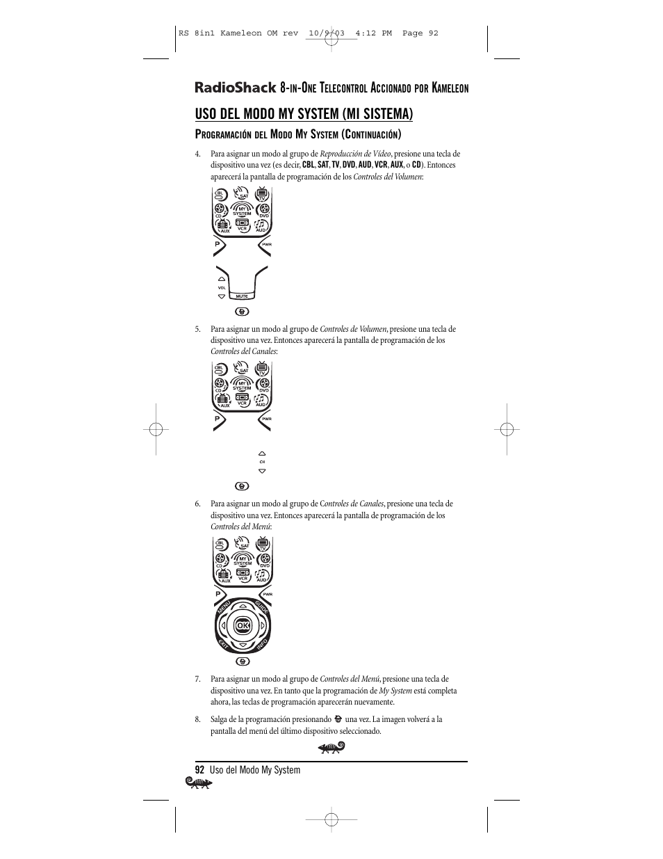 Uso del modo my system (mi sistema) | Radio Shack Univer 15-2138 User Manual | Page 92 / 132