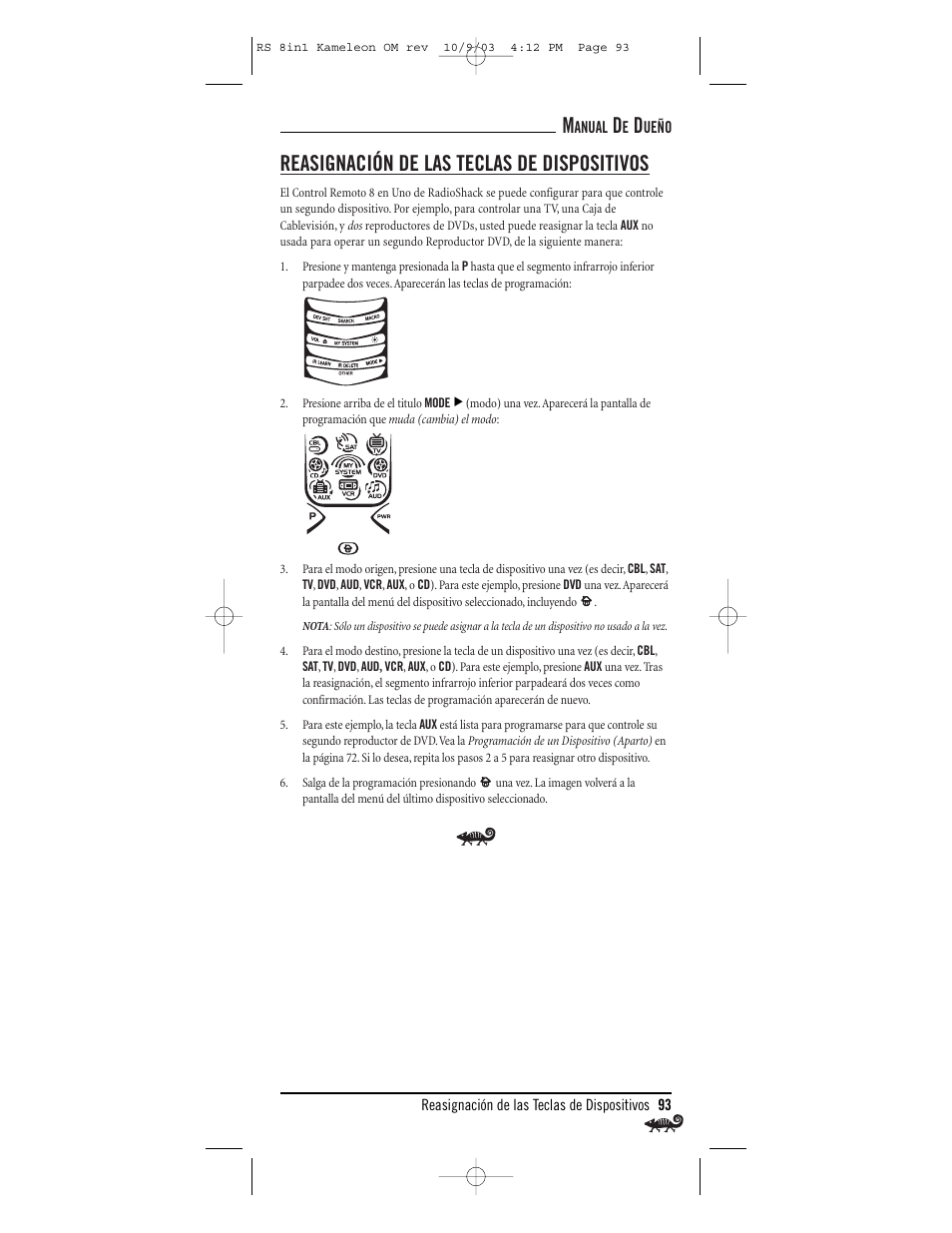 Reasignación de las teclas de dispositivos | Radio Shack Univer 15-2138 User Manual | Page 93 / 132