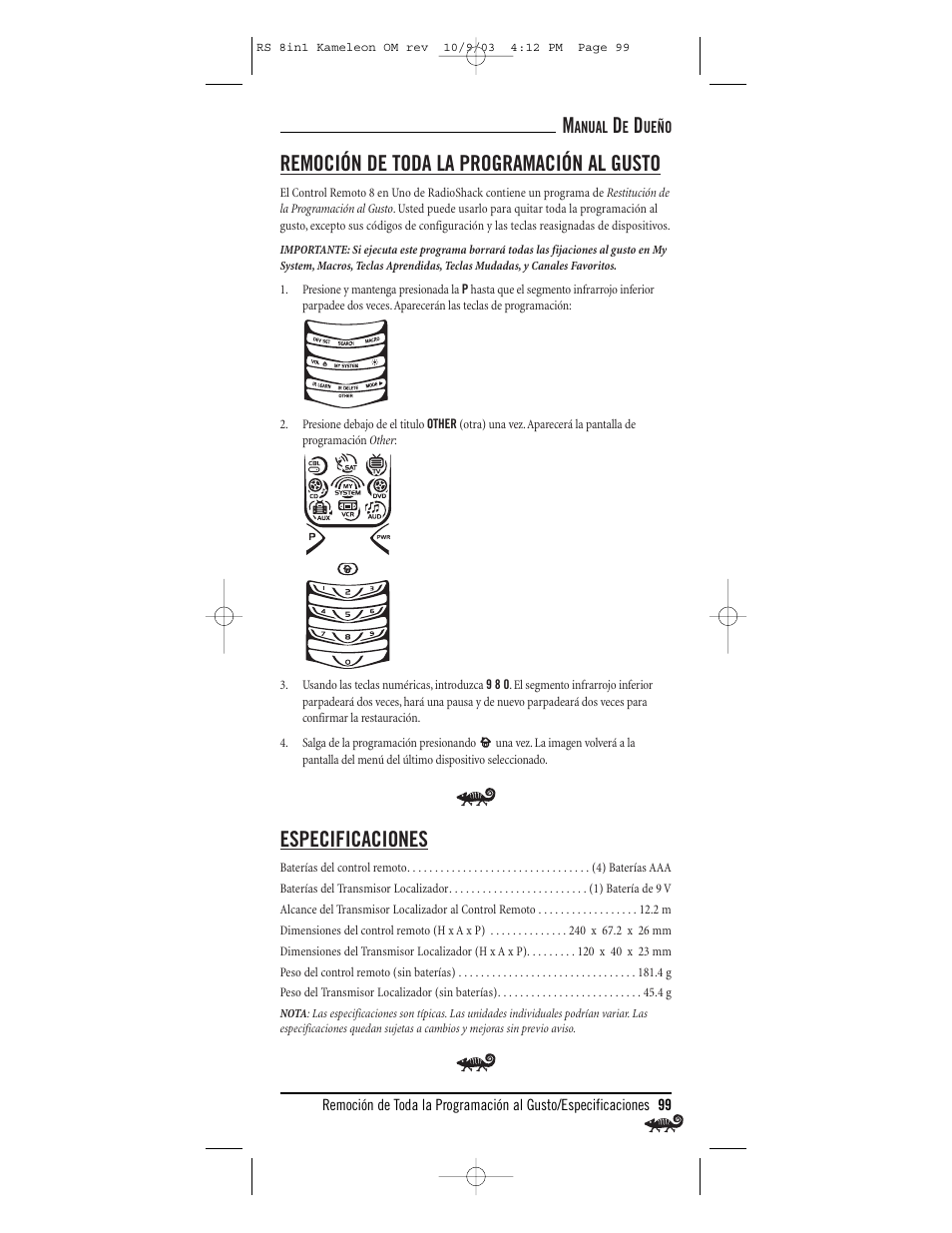Remoción de toda la programación al gusto, Especificaciones | Radio Shack Univer 15-2138 User Manual | Page 99 / 132