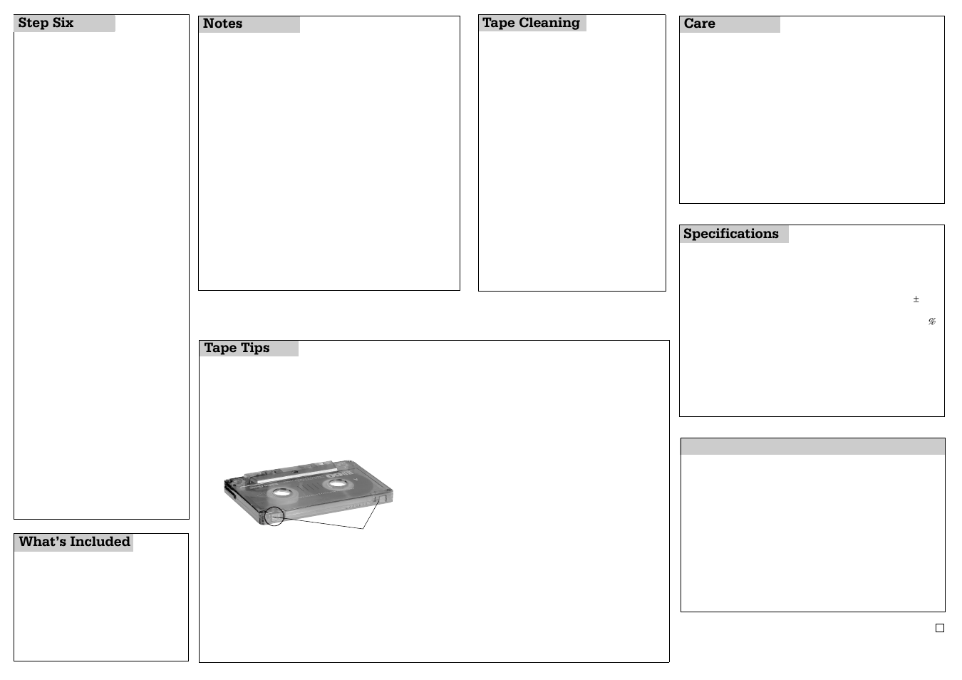 Specifications, Tape tips, Care | What’s included, Tape cleaning step six | Radio Shack 14-1117 B User Manual | Page 2 / 4