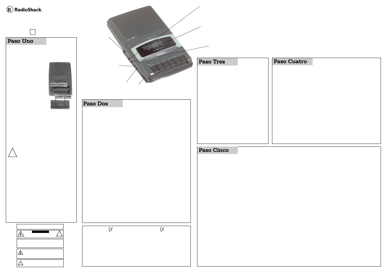 Grabadora de casetes portátil, Paso uno, Paso tres | Paso dos, Paso cinco, Paso cuatro, Balimentación eléctrica de la grabadora, Colocación del casete, Conexión de los audífonos, Grabación | Radio Shack 14-1117 B User Manual | Page 3 / 4