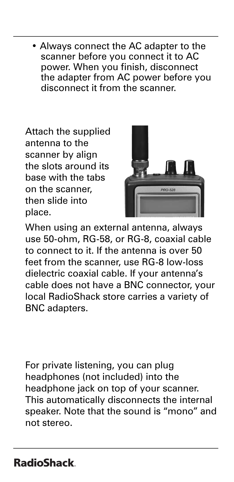 The basics, Connecting the antenna, Connecting an earphone/ headphone | Radio Shack PRO-528 User Manual | Page 16 / 92