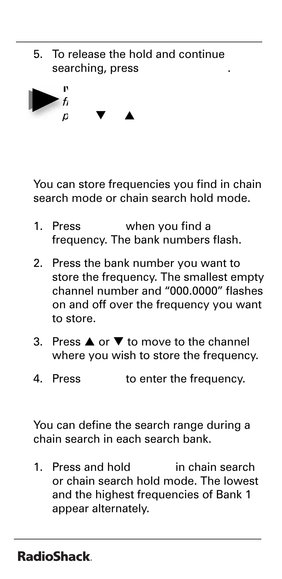 Beyond the basics, Storing found frequencies during chain search, Programming search ranges | Radio Shack PRO-528 User Manual | Page 26 / 92