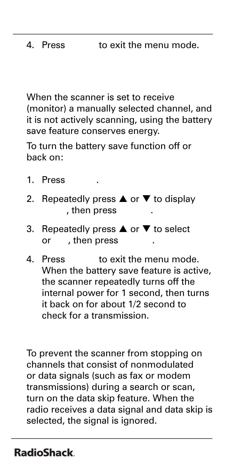 Beyond the basics, Turning the battery save function off/on, Skipping data signals | Radio Shack PRO-528 User Manual | Page 40 / 92