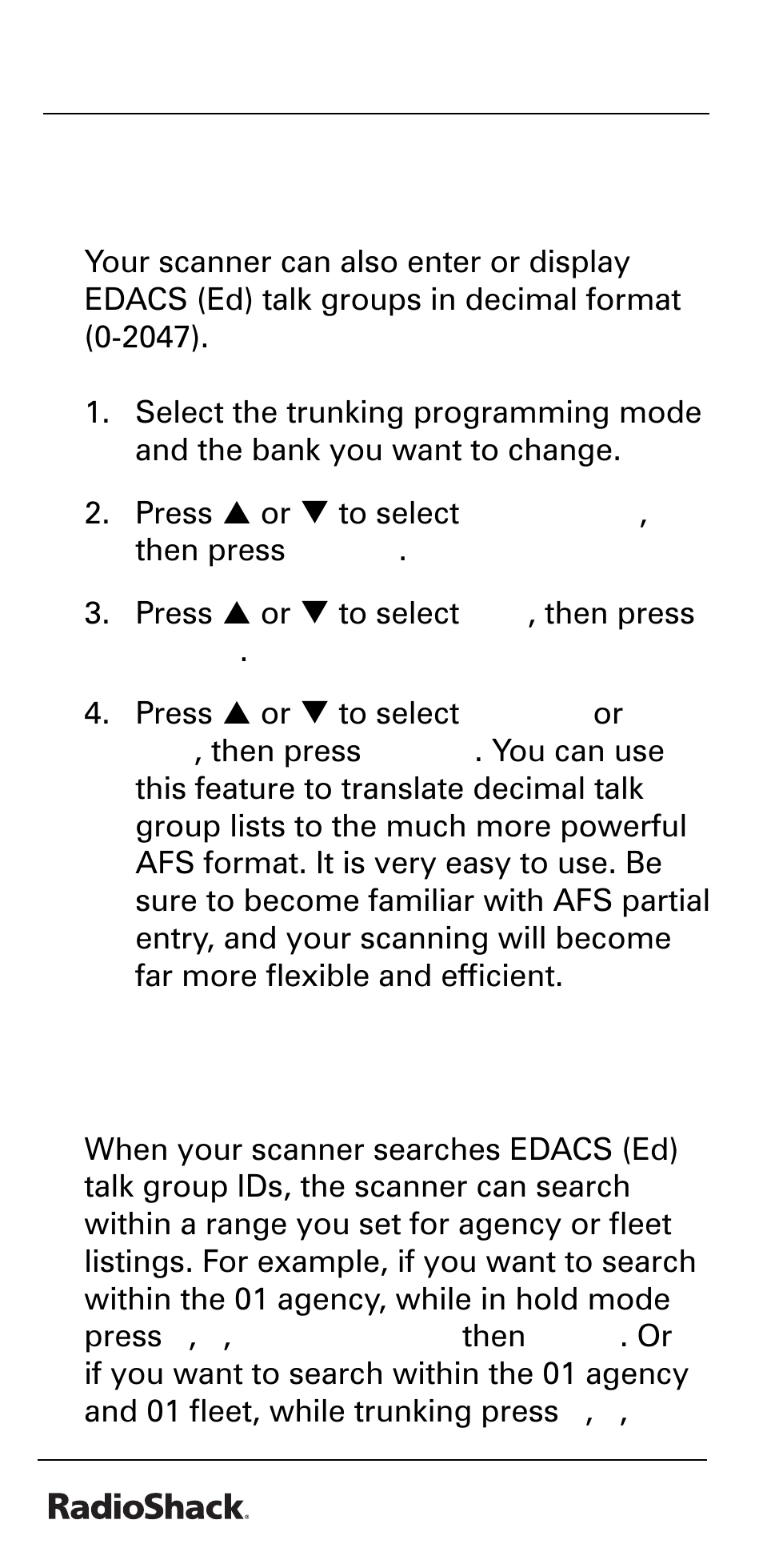 Edacs (ed) talk group id range search | Radio Shack PRO-528 User Manual | Page 60 / 92