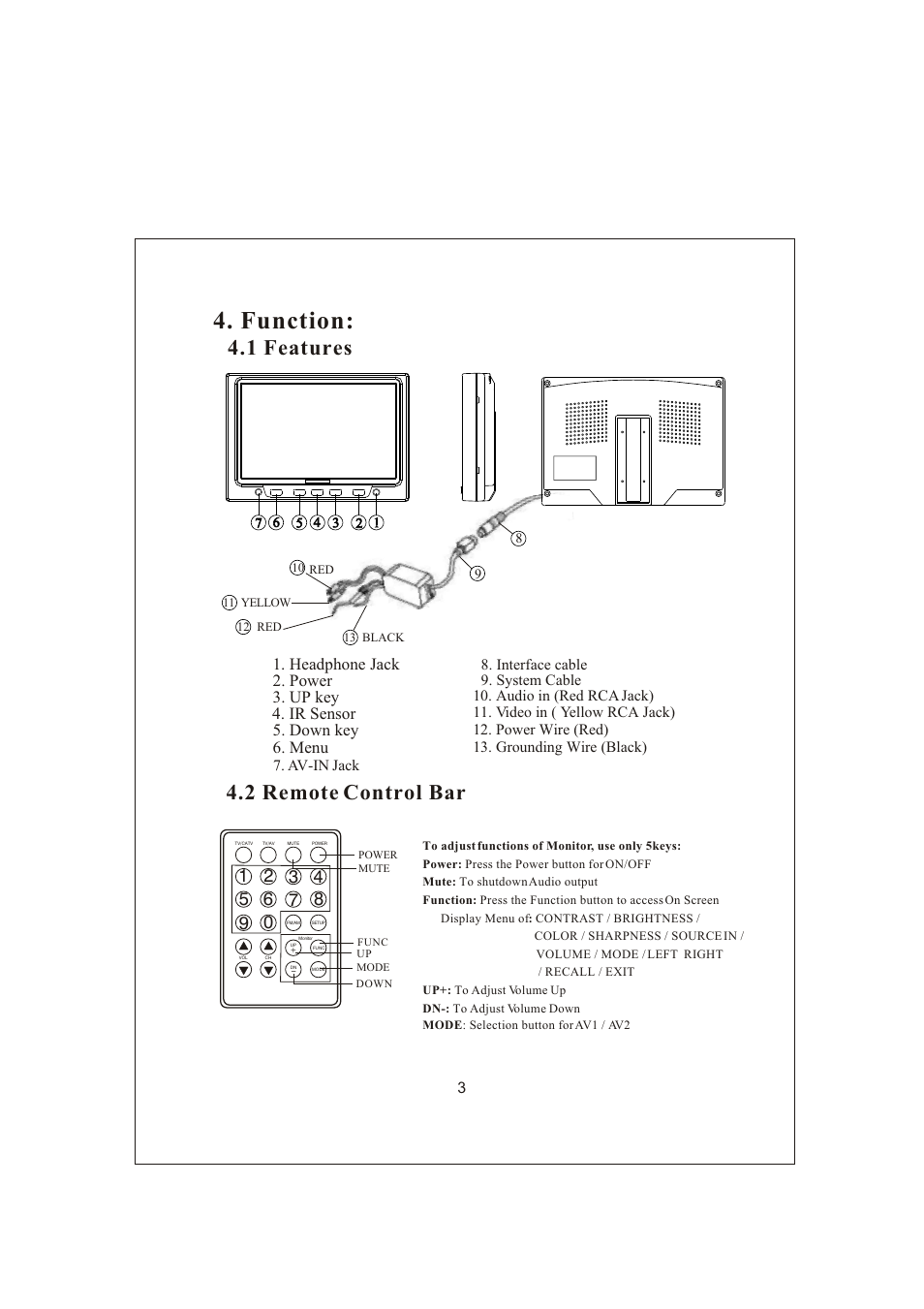 Function, 1 features 4.2 remote control bar, Ir sensor | Radio Shack PLVSHR77 User Manual | Page 4 / 8