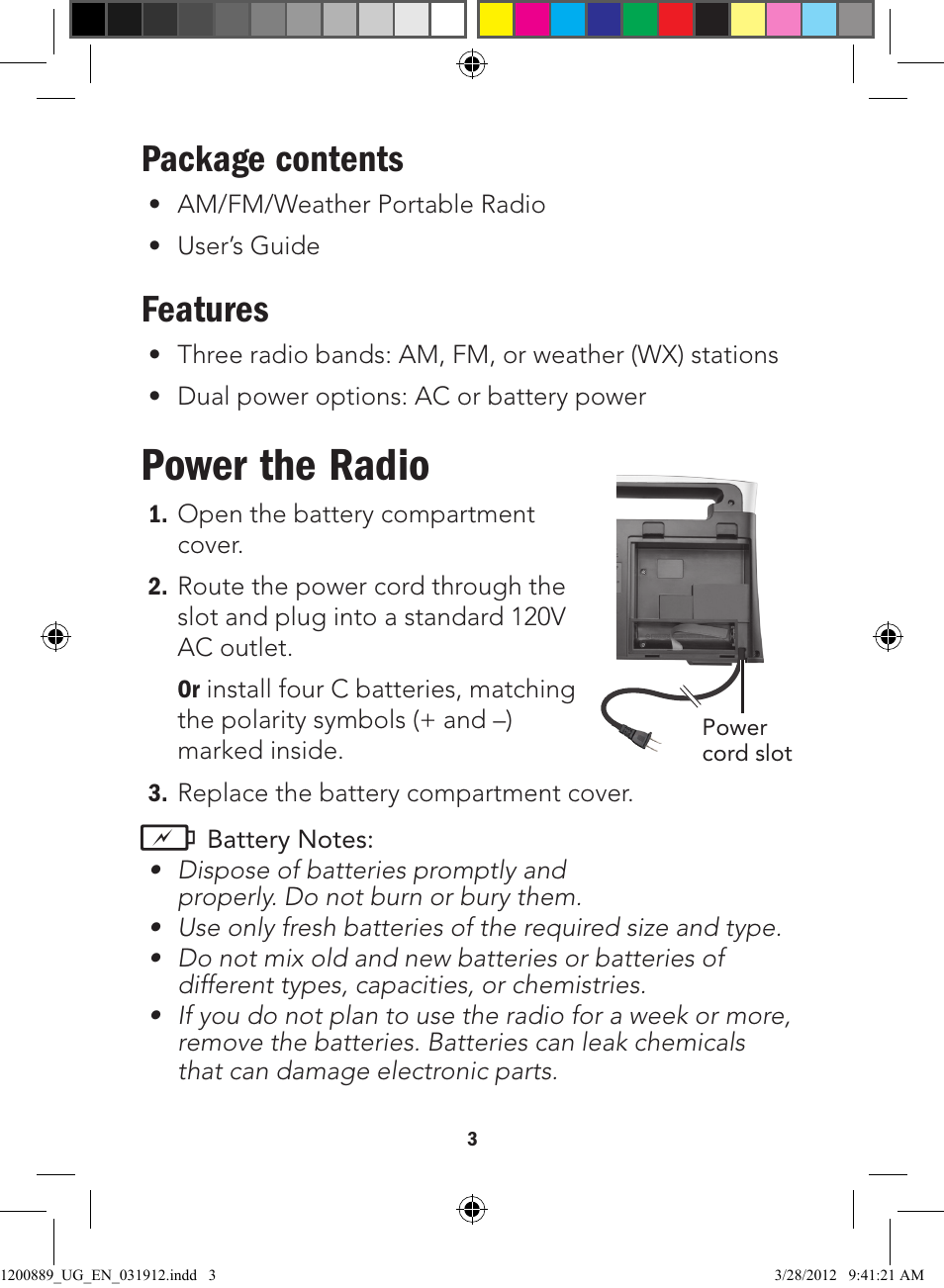 Power the radio, Package contents, Features | Radio Shack 12-889 User Manual | Page 3 / 7