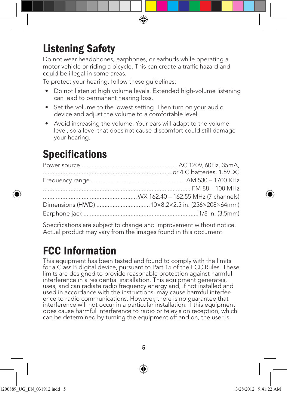 Listening safety, Specifications, Fcc information | Radio Shack 12-889 User Manual | Page 5 / 7