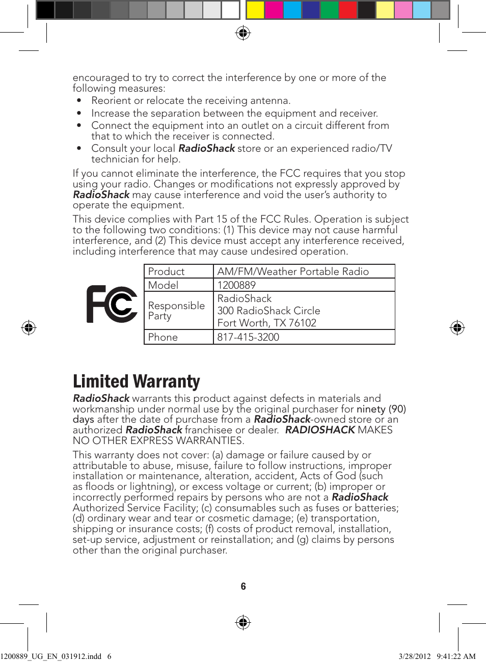 Limited warranty | Radio Shack 12-889 User Manual | Page 6 / 7