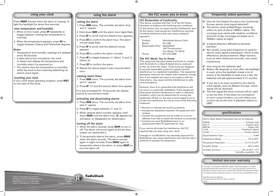 Radio Shack 63-1420 User Manual | Page 2 / 2