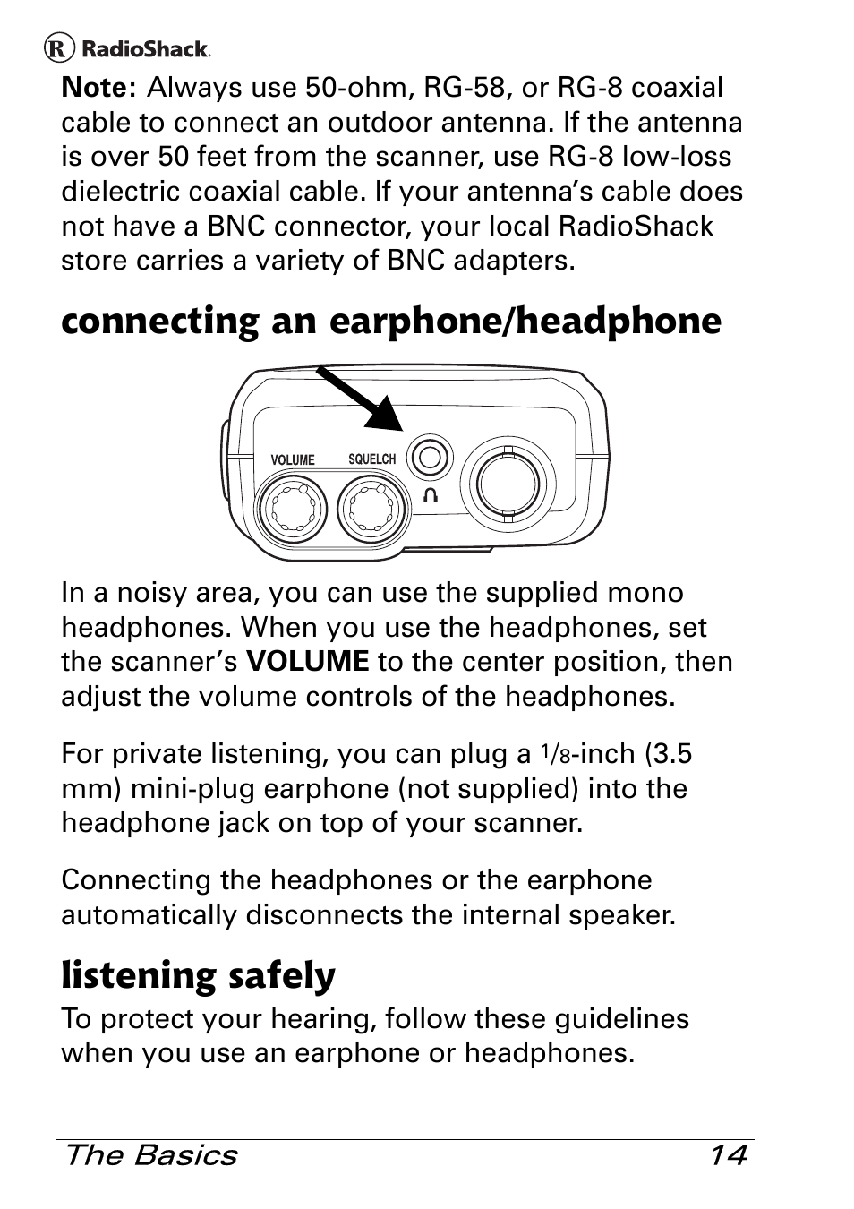 Connecting an earphone/headphone, Listening safely | Radio Shack Pro 84 User Manual | Page 14 / 64