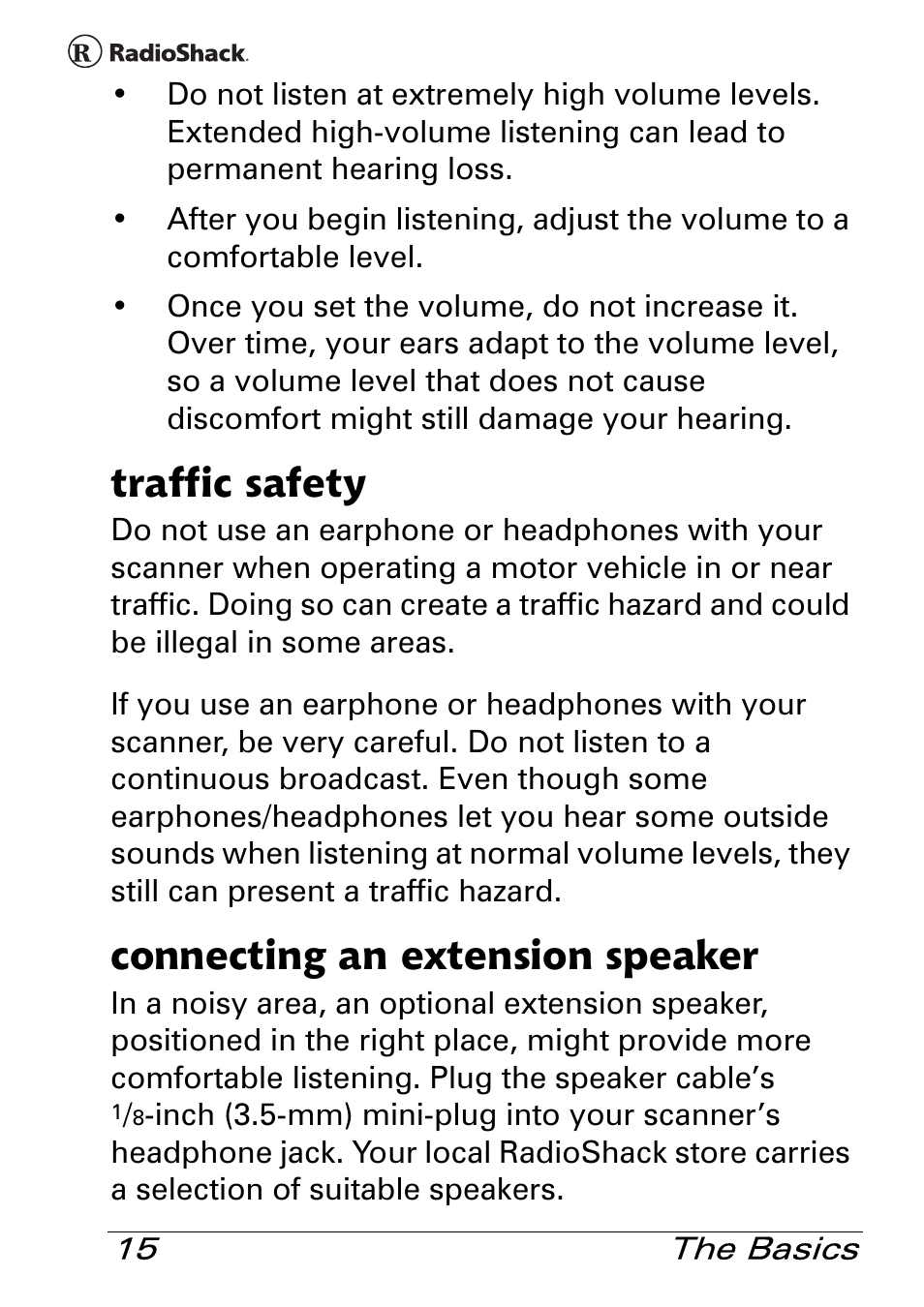 Traffic safety, Connecting an extension speaker | Radio Shack Pro 84 User Manual | Page 15 / 64