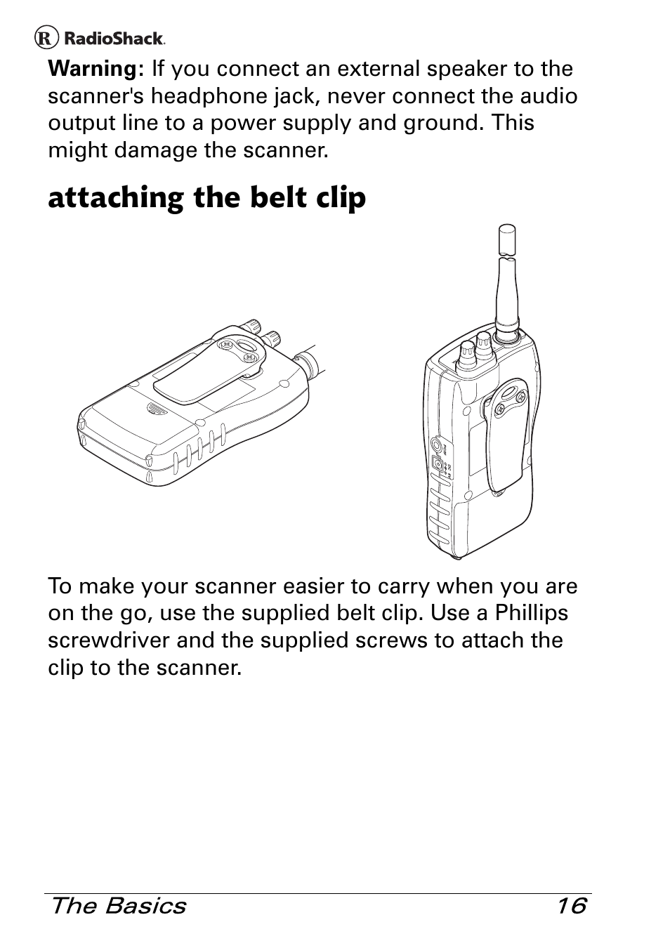 Attaching the belt clip | Radio Shack Pro 84 User Manual | Page 16 / 64