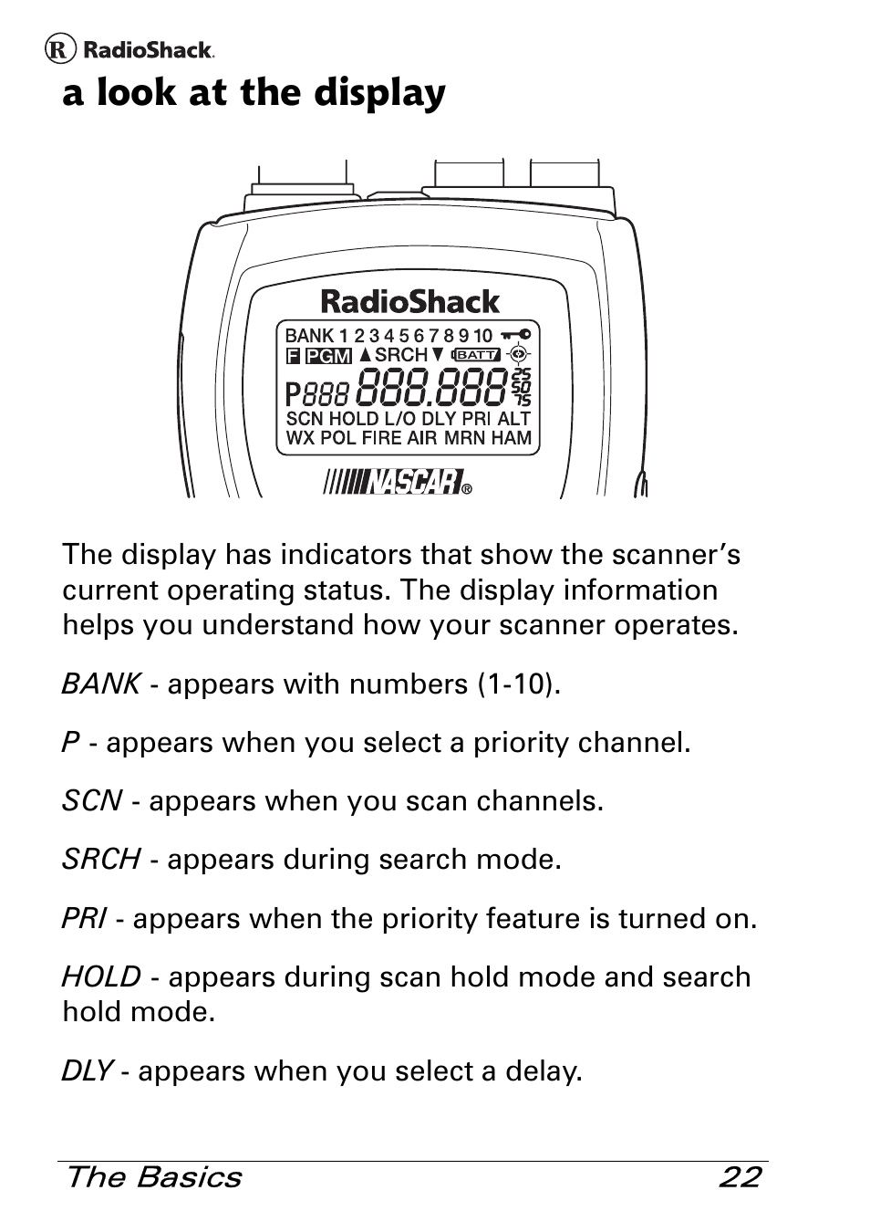 A look at the display | Radio Shack Pro 84 User Manual | Page 22 / 64