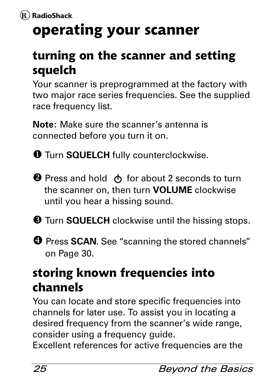 Operating your scanner, Turning on the scanner and setting squelch, Storing known frequencies into channels | Radio Shack Pro 84 User Manual | Page 25 / 64