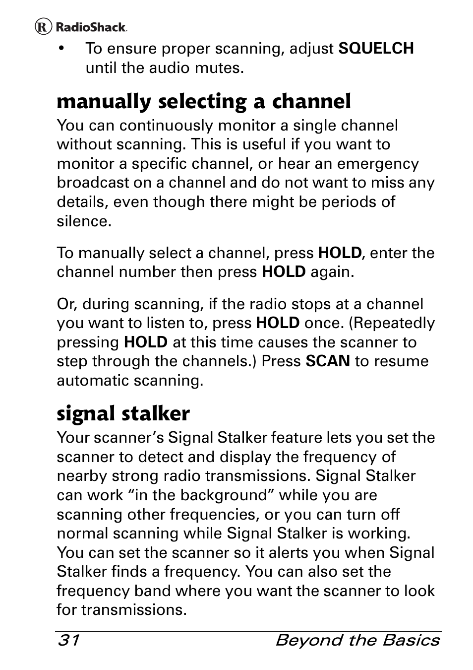 Manually selecting a channel, Signal stalker | Radio Shack Pro 84 User Manual | Page 31 / 64