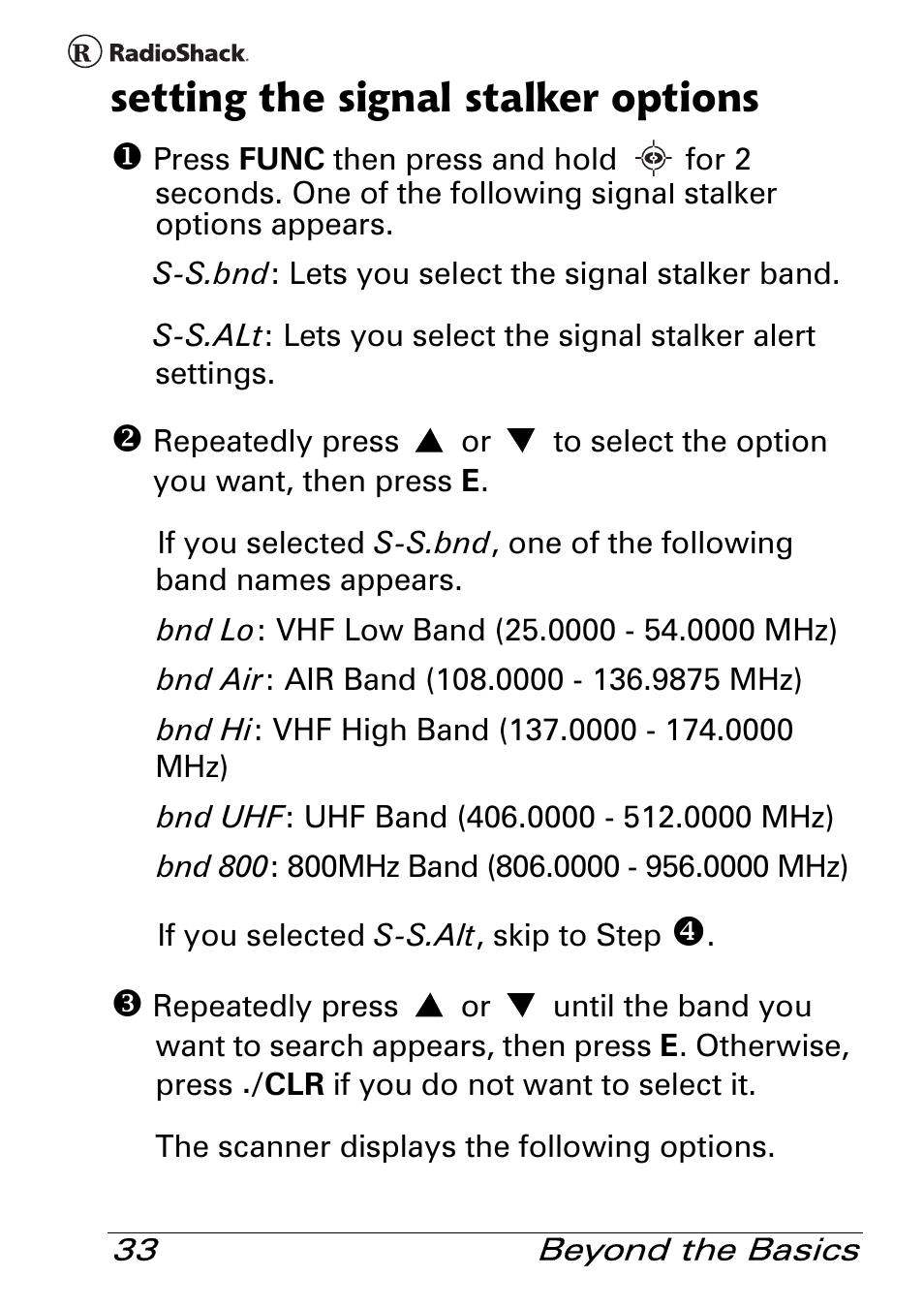 Setting the signal stalker options | Radio Shack Pro 84 User Manual | Page 33 / 64