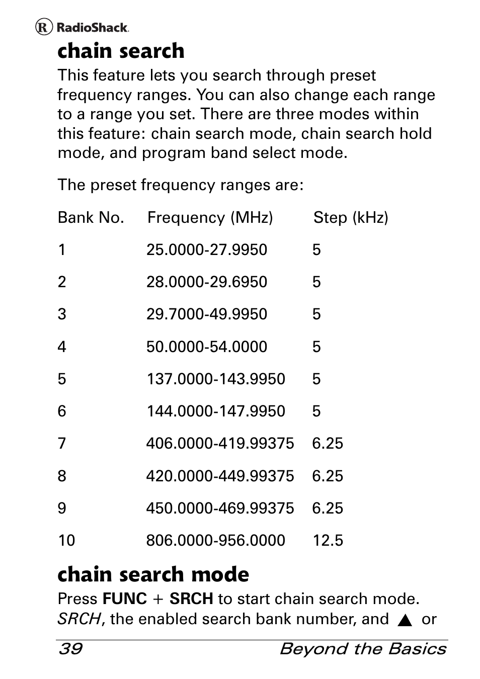 Chain search, Chain search mode | Radio Shack Pro 84 User Manual | Page 39 / 64